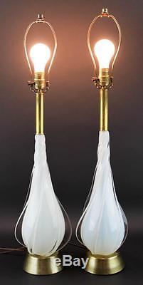 Pair Of Murano Opalescent Spiral Tear Drop Hand Blown Glass Table Lamps Vintage