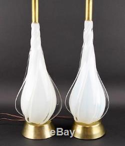 Pair Of Murano Opalescent Spiral Tear Drop Hand Blown Glass Table Lamps Vintage