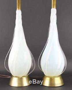 Pair Of Murano Opalescent Spiral Tear Drop Hand Blown Glass Table Lamps Vintage