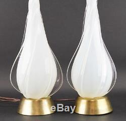 Pair Of Murano Opalescent Spiral Tear Drop Hand Blown Glass Table Lamps Vintage