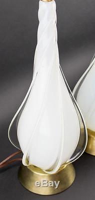 Pair Of Murano Opalescent Spiral Tear Drop Hand Blown Glass Table Lamps Vintage