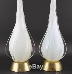 Pair Of Murano Opalescent Spiral Tear Drop Hand Blown Glass Table Lamps Vintage