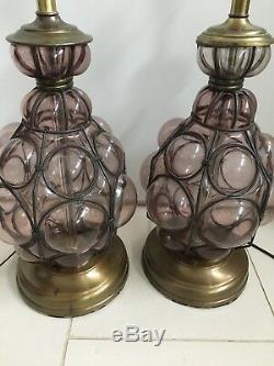 Pair Of Rare Murano Glass Table Lamps Hand Blown Caged Collectible