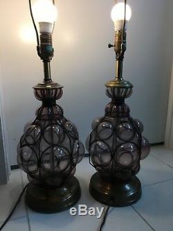 Pair Of Rare Murano Glass Table Lamps Hand Blown Caged Collectible