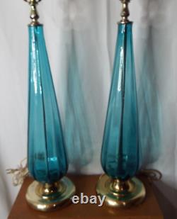 Pair Teal Blue Tear Drop Italian Murano Hand Blown Glass Mid Century Table Lamps