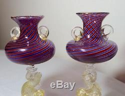 Pair hand blown Venetian Murano art glass dolphin goblet chalice stemware vase