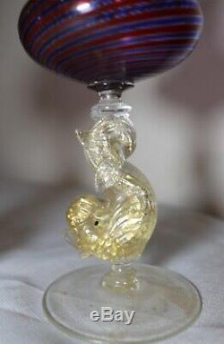 Pair hand blown Venetian Murano art glass dolphin goblet chalice stemware vase