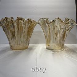 Pair of Antonio Tammaro Murano Glass Vases Hand Blown Amber Ruffled MCM Italian