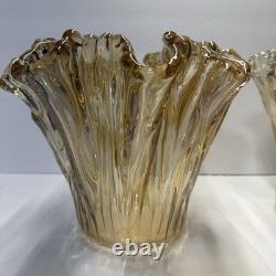 Pair of Antonio Tammaro Murano Glass Vases Hand Blown Amber Ruffled MCM Italian