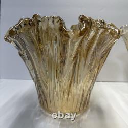 Pair of Antonio Tammaro Murano Glass Vases Hand Blown Amber Ruffled MCM Italian