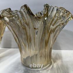 Pair of Antonio Tammaro Murano Glass Vases Hand Blown Amber Ruffled MCM Italian