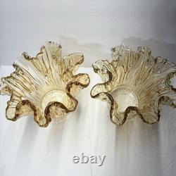 Pair of Antonio Tammaro Murano Glass Vases Hand Blown Amber Ruffled MCM Italian
