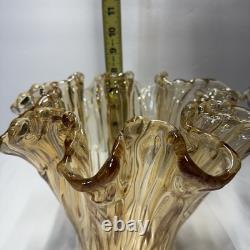 Pair of Antonio Tammaro Murano Glass Vases Hand Blown Amber Ruffled MCM Italian
