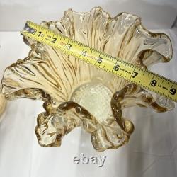 Pair of Antonio Tammaro Murano Glass Vases Hand Blown Amber Ruffled MCM Italian
