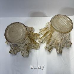 Pair of Antonio Tammaro Murano Glass Vases Hand Blown Amber Ruffled MCM Italian