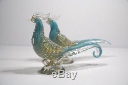 (Pair) of Beautiful Elegant MURANO Hand Blown Blue Art Glass Gold Flake Birds