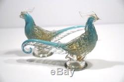 (Pair) of Beautiful Elegant MURANO Hand Blown Blue Art Glass Gold Flake Birds