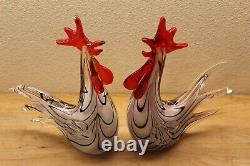 Pair of Classic Murano Hand Blown Art Glass Roosters Black White Red