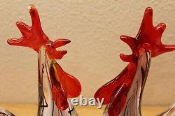 Pair of Classic Murano Hand Blown Art Glass Roosters Black White Red