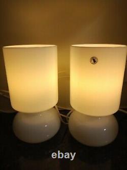 Pair of Ikea retro glass lamps, mushroom handblown, rare white, Murano style, Lykta
