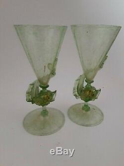 Pair of Murano Venetian Glass Salviati Olive Green Dolphin Cocktail Glasses