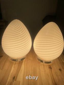 Pair of Vetri / Maestri Murano White Swirl 12Italian Glass Egg Lamp 60's70's