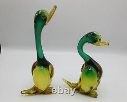 Pair of Vintage Hand blown Murano Venetian Green/Gold duck sculpture