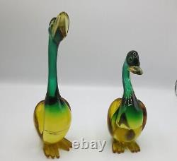 Pair of Vintage Hand blown Murano Venetian Green/Gold duck sculpture