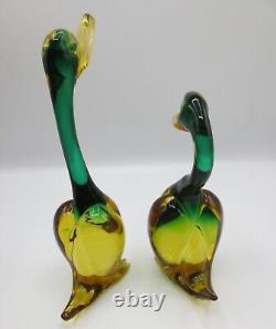 Pair of Vintage Hand blown Murano Venetian Green/Gold duck sculpture