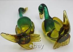 Pair of Vintage Hand blown Murano Venetian Green/Gold duck sculpture