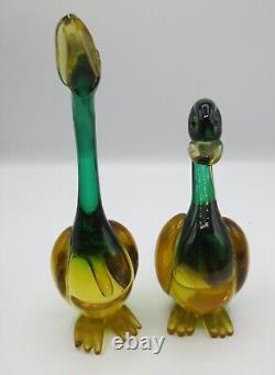 Pair of Vintage Hand blown Murano Venetian Green/Gold duck sculpture