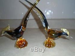 Pair of Vintage Murano Glass Pheasants Amber/Blue/Green Colored with Gold Flake