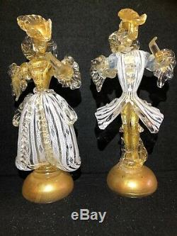 Pair of Vintage Murano Venetian Art Glass Latisino and Gold Courtesan Figures