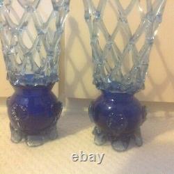 Pair of blue Vintage Murano Art Glass, Large Vase, Lattice, Hand Blown, 26cm tall
