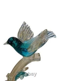 RARE Barbini Murano Glass Sculpture Birds Branch Flowers Teal Gold Flecks