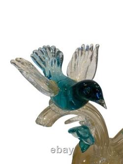 RARE Barbini Murano Glass Sculpture Birds Branch Flowers Teal Gold Flecks