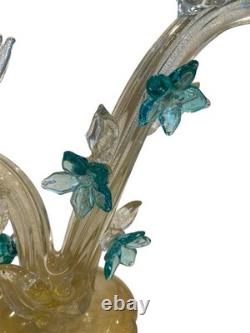 RARE Barbini Murano Glass Sculpture Birds Branch Flowers Teal Gold Flecks
