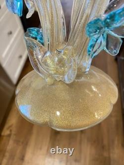 RARE Barbini Murano Glass Sculpture Birds Branch Flowers Teal Gold Flecks