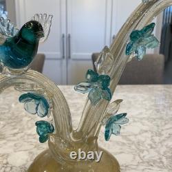RARE Barbini Murano Glass Sculpture Birds Branch Flowers Teal Gold Flecks