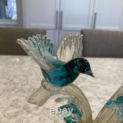 RARE Barbini Murano Glass Sculpture Birds Branch Flowers Teal Gold Flecks