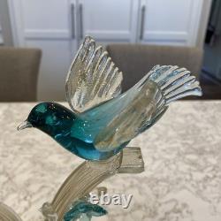RARE Barbini Murano Glass Sculpture Birds Branch Flowers Teal Gold Flecks