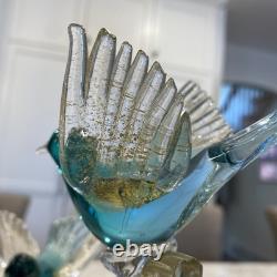 RARE Barbini Murano Glass Sculpture Birds Branch Flowers Teal Gold Flecks