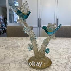 RARE Barbini Murano Glass Sculpture Birds Branch Flowers Teal Gold Flecks