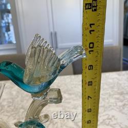 RARE Barbini Murano Glass Sculpture Birds Branch Flowers Teal Gold Flecks