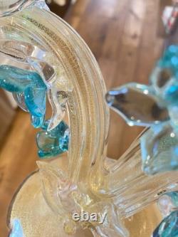 RARE Barbini Murano Glass Sculpture Birds Branch Flowers Teal Gold Flecks