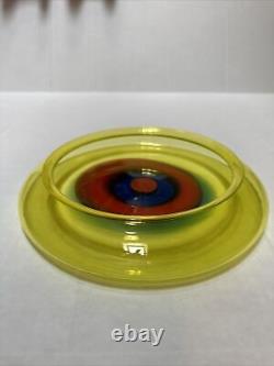 RARE Lino Tagliapietra Murano Saturno Hand Blown Glass Bowl Yellow Red Blue