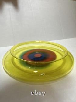 RARE Lino Tagliapietra Murano Saturno Hand Blown Glass Bowl Yellow Red Blue