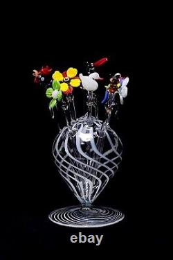 RARE Murano Art Glass Hand Blown Animal & Flower Cocktail Sticks with Swirl Stand