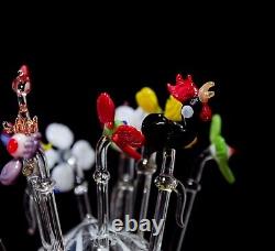 RARE Murano Art Glass Hand Blown Animal & Flower Cocktail Sticks with Swirl Stand