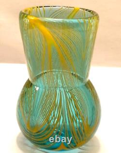 RARE Murano Style Hand Blown Art-Glass Vase Swirl Wavy Multicolored Blue VTG MCM